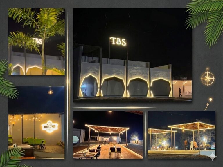 Outdoor view of TBS – The Baig Sahab Restaurant family garden restaurant with beautiful ambience, lights, and seating area