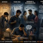 Illustration showing the emotional struggles of men from childhood to adulthood, including pressure, marriage responsibilities, emotional suppression, and societal expectations.
