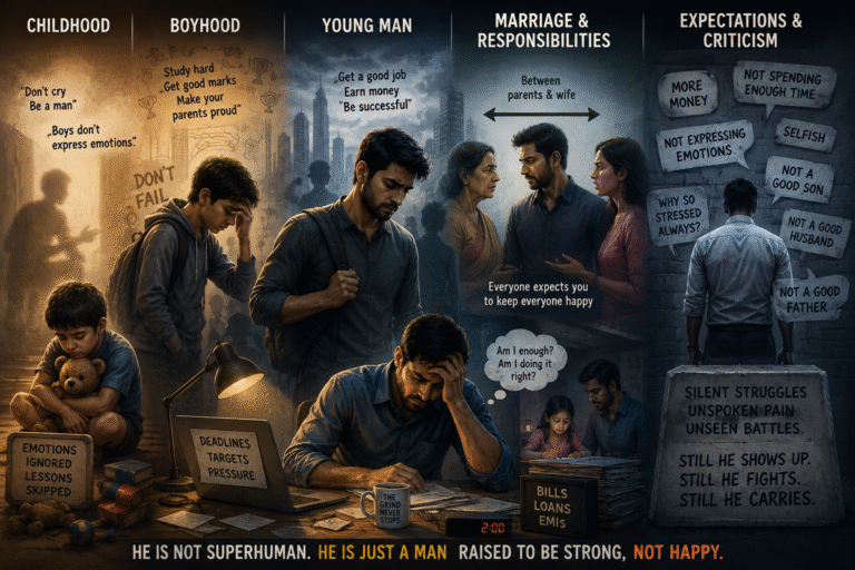 Illustration showing the emotional struggles of men from childhood to adulthood, including pressure, marriage responsibilities, emotional suppression, and societal expectations.