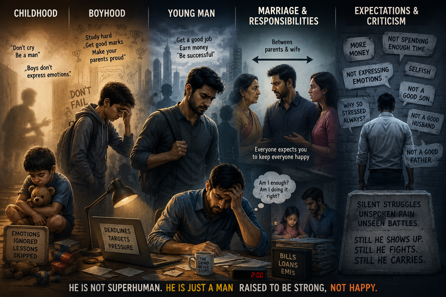 Illustration showing the emotional struggles of men from childhood to adulthood, including pressure, marriage responsibilities, emotional suppression, and societal expectations.