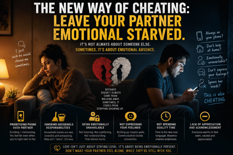 Sad couple sitting apart on a couch while the man scrolls on his phone and the woman looks emotionally distant, representing emotional neglect and modern relationship problems.