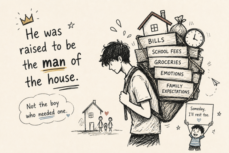 Hand-drawn doodle illustration of a young man carrying the emotional and financial responsibilities of being the "man of the house," symbolizing family expectations and silent emotional burden.
