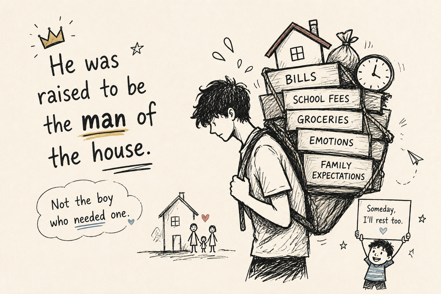 Hand-drawn doodle illustration of a young man carrying the emotional and financial responsibilities of being the "man of the house," symbolizing family expectations and silent emotional burden.