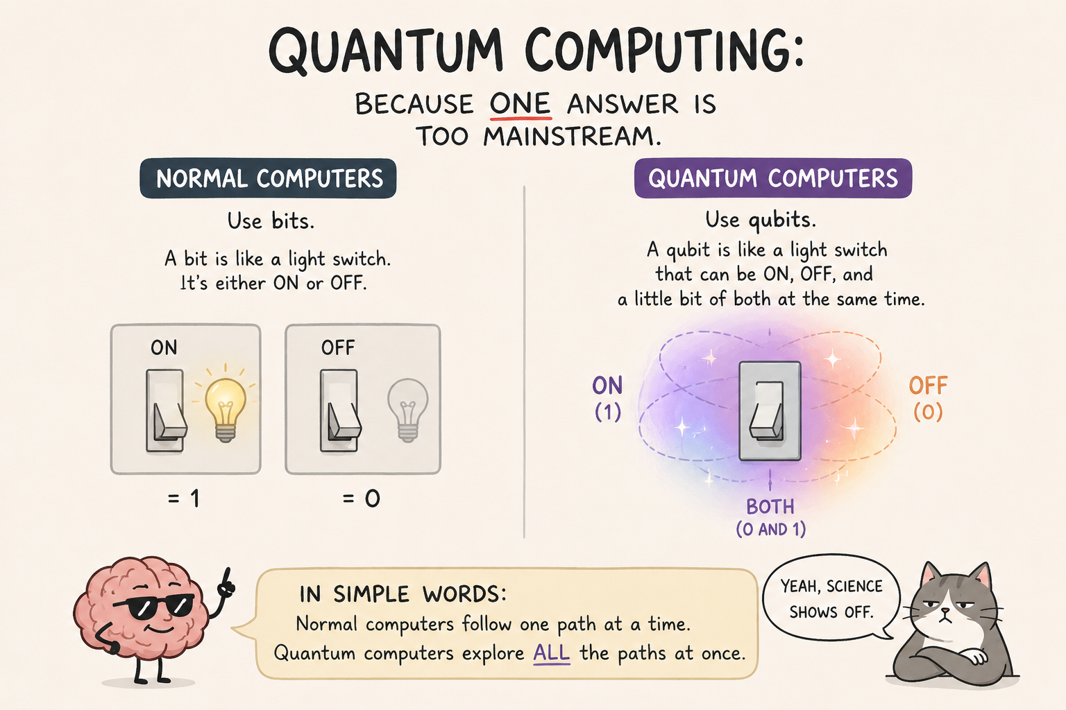 Illustration comparing a traditional computer solving a maze one path at a time and a quantum computer exploring multiple paths simultaneously to explain quantum computing in simple terms.