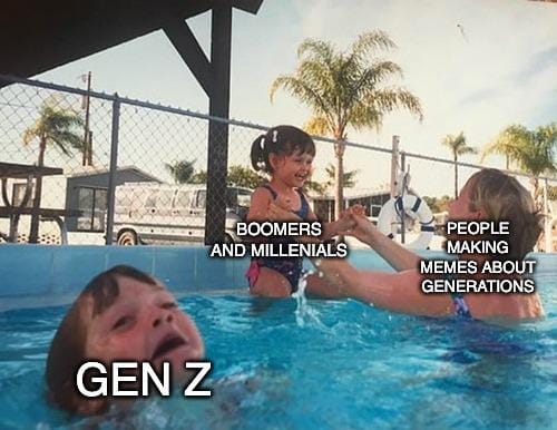 Funny meme comparing Boomers, Millennials, and Gen Z with their unique struggles, work culture, technology, parenting, and life challenges