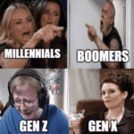 Funny meme showing Boomers, Millennials, Gen Z, and Gen Alpha arguing about parenting, technology, work ethic, and changing generations.