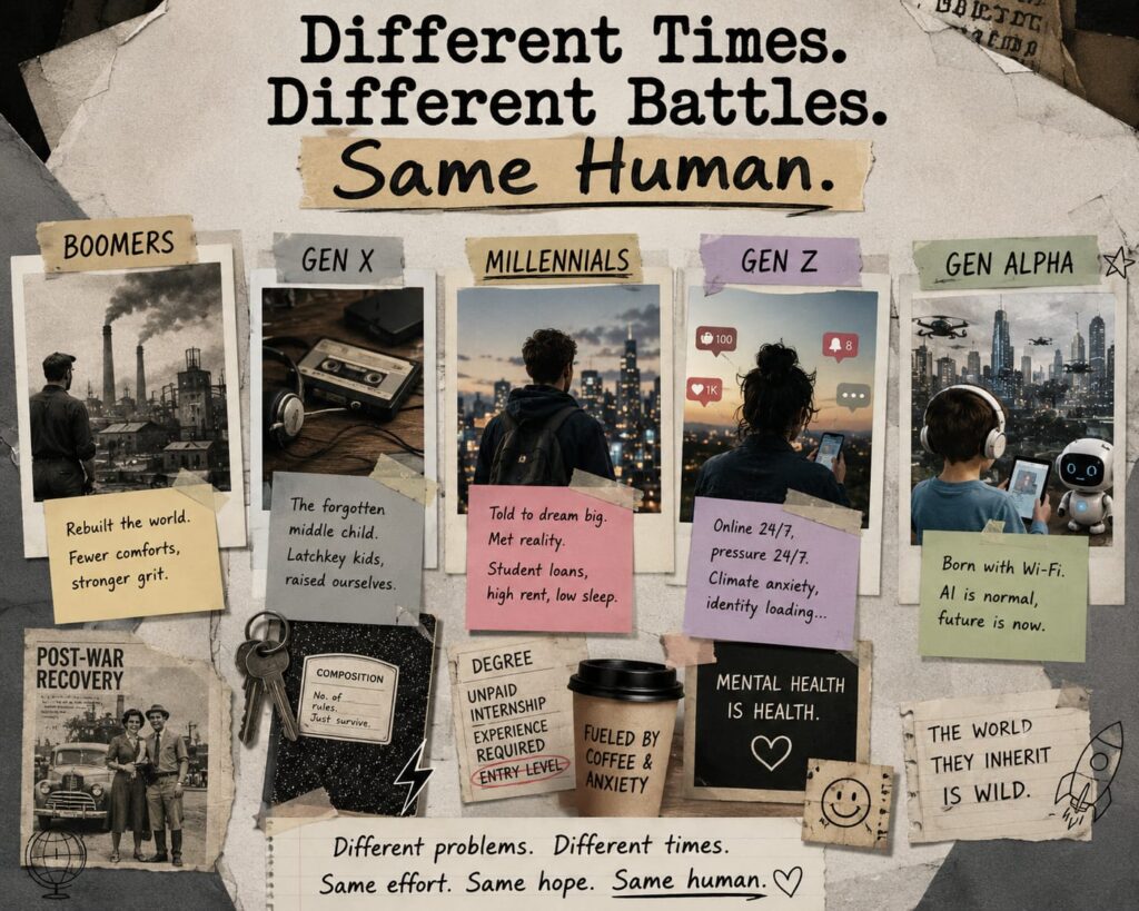 Boomers, Millennials, Gen Z, and Gen Alpha walking through different eras of technology and society.
