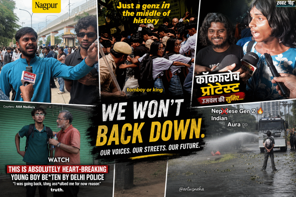 Peaceful protest collage featuring citizens, women, youth and elderly people standing together for justice, democracy and constitutional rights in India.