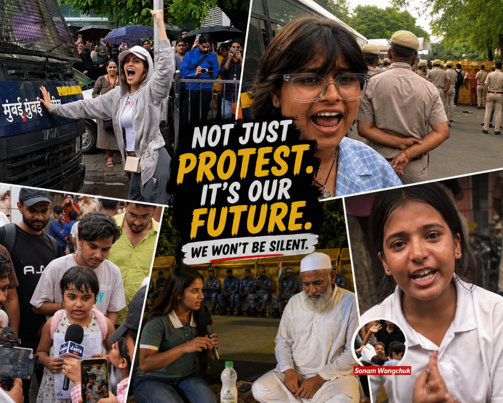 Collage showing peaceful protesters in India including youth, women and senior citizens raising their voices for democracy, justice and freedom of expression.