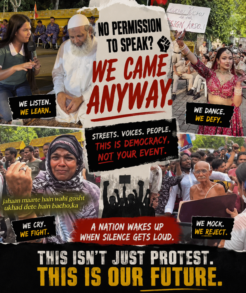 People participating in a peaceful protest in India with banners, public gatherings and symbolic acts calling for justice and democratic accountability.