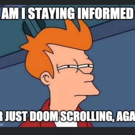 a cartoon character is thinking about doomscrolling is staying informed or not.